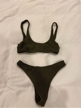 Olive Green Textured Scoop Bikini Set - Women Swim Bikini